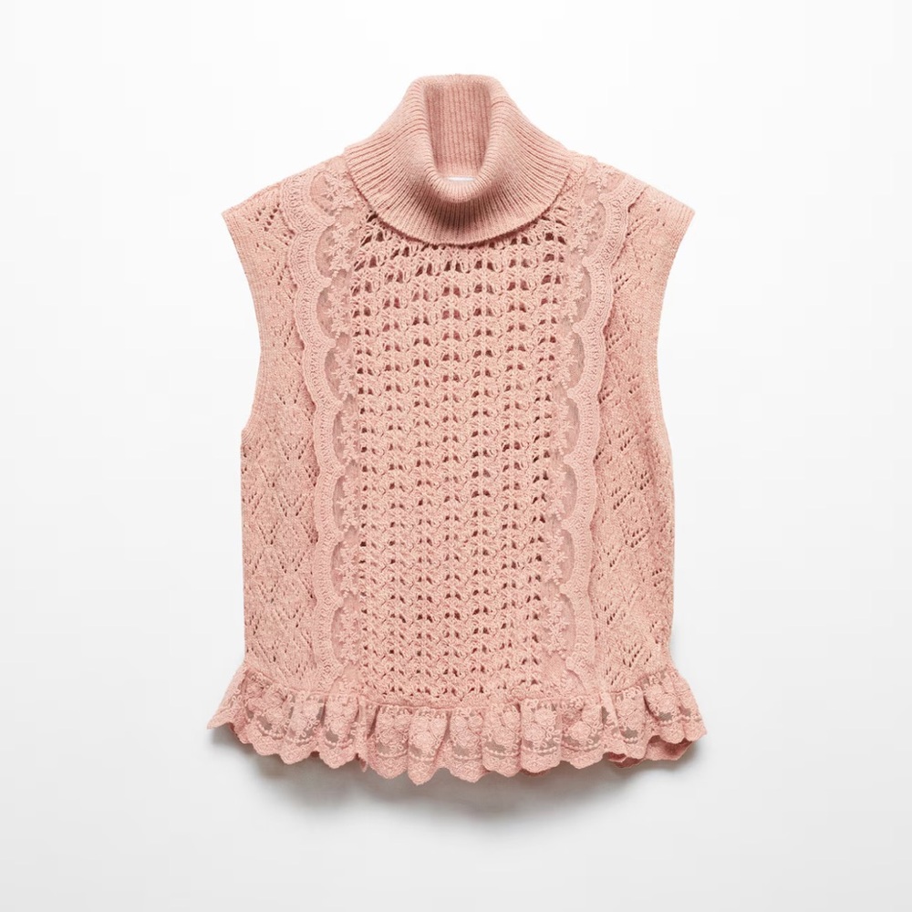 MANGO RUFFLED VEST WITH LACE DESIGN, Size M, Color Pink